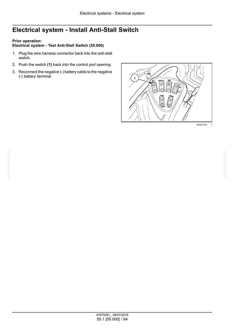 May include: Diagram illustrating the installation of an anti-stall switch within an electrical system. The image includes a detailed view of the control pod and wiring, with numbered steps and instructions. Text at the top reads "Electrical system - Install Anti-Stall Switch."