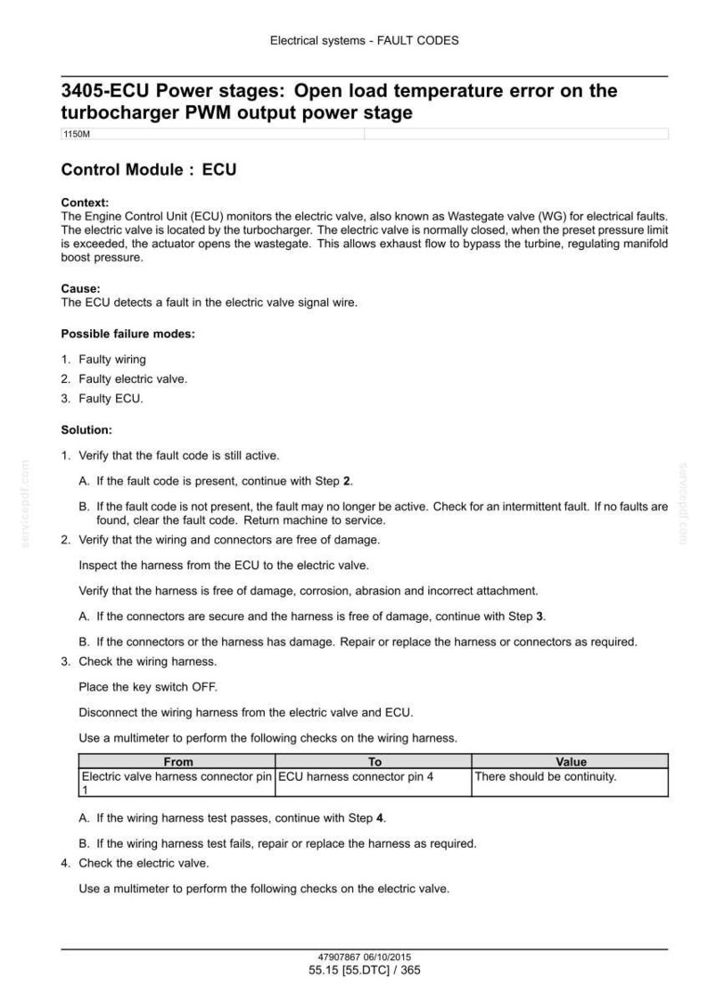 May include: A technical document detailing fault codes for an electrical system. The document includes troubleshooting steps for an open load temperature error in the turbocharger PWM output power stage. Includes diagrams and instructions.