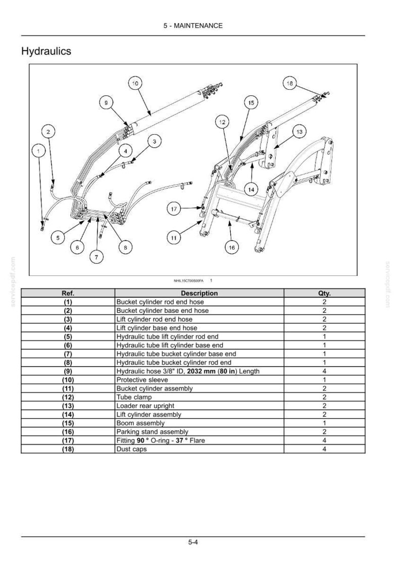 May include: A technical diagram titled 5-MAINTENANCE Hydraulics showing a loader assembly with numbered parts. A corresponding table lists eighteen components including bucket cylinder hoses, lift cylinders, hydraulic tubes, and a 80 inch hose.