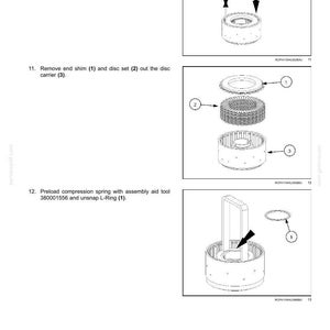 May include: Diagram of transmission internal components, including a snap ring, end shim, disc set, and disc carrier. The image provides step-by-step instructions for assembly and disassembly, with numbered parts and arrows indicating the process.