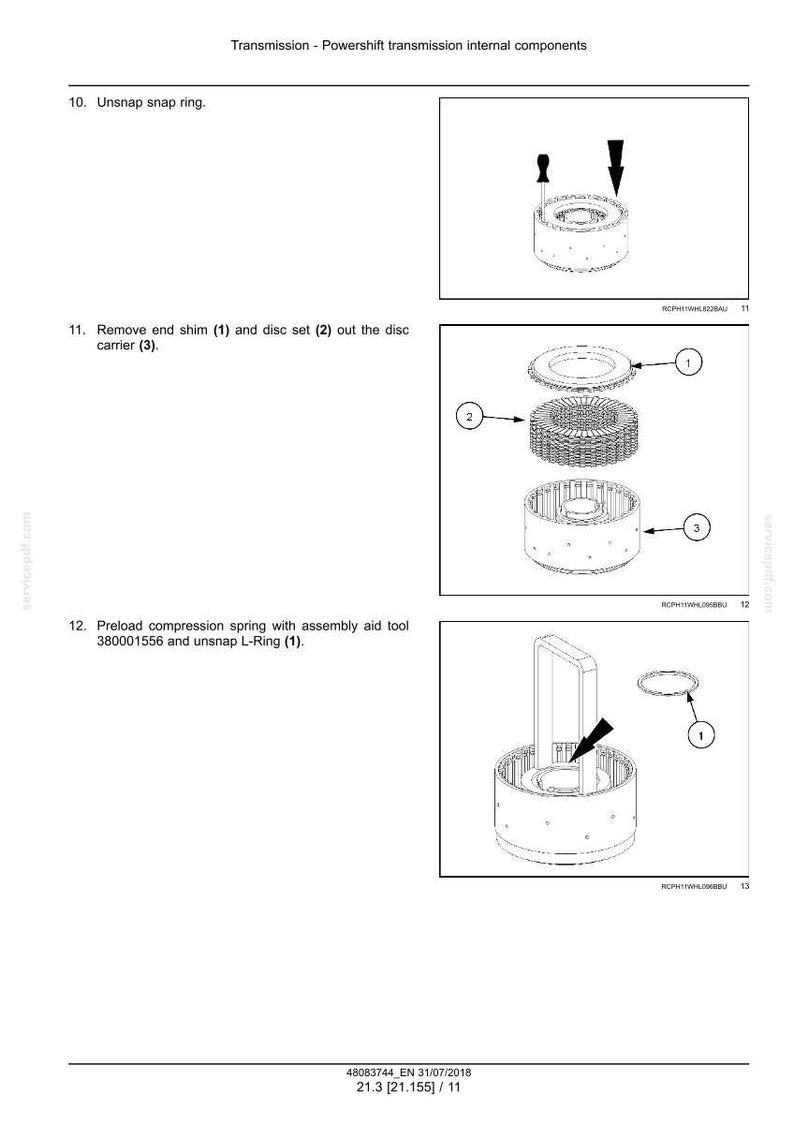 May include: Diagram of transmission internal components, including a snap ring, end shim, disc set, and disc carrier. The image provides step-by-step instructions for assembly and disassembly, with numbered parts and arrows indicating the process.