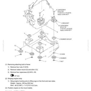 May include: Diagram of an engine component removal and installation process. The image includes labels for capscrews, brackets, rubber mounts, shims, and nuts. Measurements are provided in both metric and imperial units.