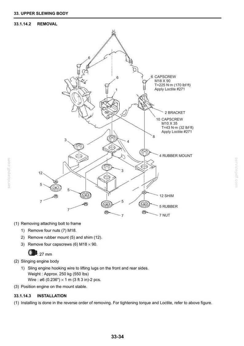 May include: Diagram of an engine component removal and installation process. The image includes labels for capscrews, brackets, rubber mounts, shims, and nuts. Measurements are provided in both metric and imperial units.