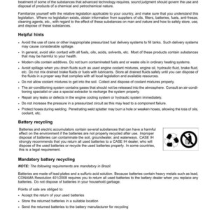 May include: A page from a manual with the title "Safety rules - Ecology and the environment." The text provides guidelines on handling chemicals, battery recycling, and environmental safety. Includes a recycling symbol.