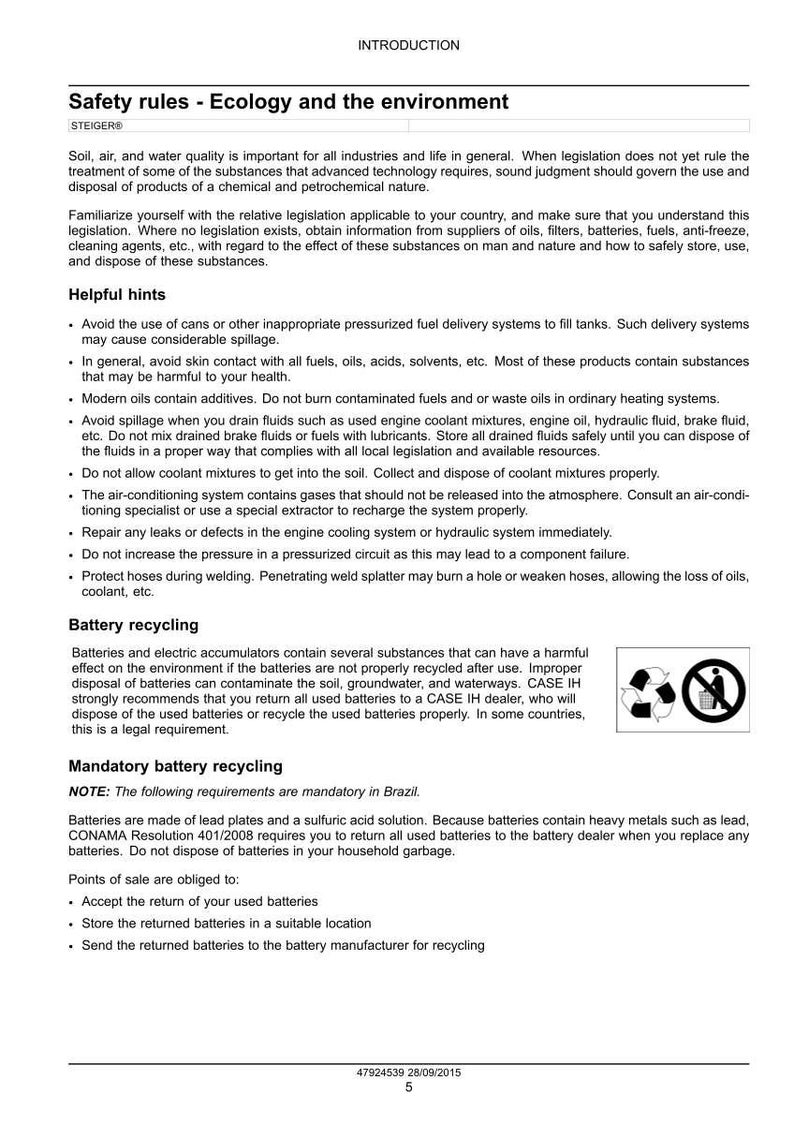 May include: A page from a manual with the title "Safety rules - Ecology and the environment." The text provides guidelines on handling chemicals, battery recycling, and environmental safety. Includes a recycling symbol.