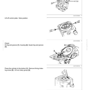 Peut inclure: Diagrammes illustrant le d&eacute;montage d'une pompe hydraulique &agrave; cylindr&eacute;e variable. Les images montrent divers composants, tels que les plaques de raccordement, les plaques de commande et les groupes rotatifs, avec des &eacute;tiquettes et des instructions.