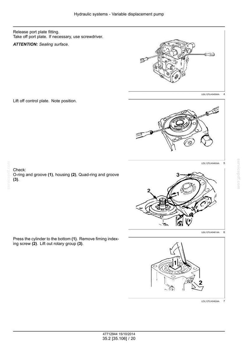 Peut inclure: Diagrammes illustrant le d&eacute;montage d'une pompe hydraulique &agrave; cylindr&eacute;e variable. Les images montrent divers composants, tels que les plaques de raccordement, les plaques de commande et les groupes rotatifs, avec des &eacute;tiquettes et des instructions.