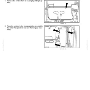 May include: Diagram illustrating the removal and storage of a front lower window. The image shows the window's housing, the operator's seat, and the storage position. Text includes instructions for removing and placing the window.