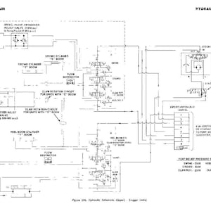 May include: A black and white hydraulic schematic diagram for a DROTT CRUZ-AIR machine. The diagram includes labels for various components such as cylinders, valves, and motors, with text including "Swing Motor" and "Clam Arm Cylinders".