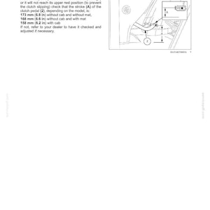 Puede incluir: Una p&aacute;gina de manual t&eacute;cnico titulada 7-MAINTENANCE que detalla el ajuste del pedal de embrague para transmisiones mec&aacute;nicas. Incluye instrucciones y un dibujo lineal que muestra el recorrido A del pedal, con medidas de 173 mm, 168 mm y 158 mm.