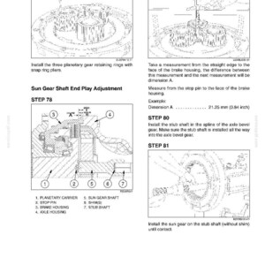 May include: Diagram of mechanical components with labels and instructions for assembly. Includes steps for installing planetary gear retaining rings, measuring dimensions, and installing the stub shaft and sun gear. Text includes "Sun Gear Shaft End Play Adjustment."