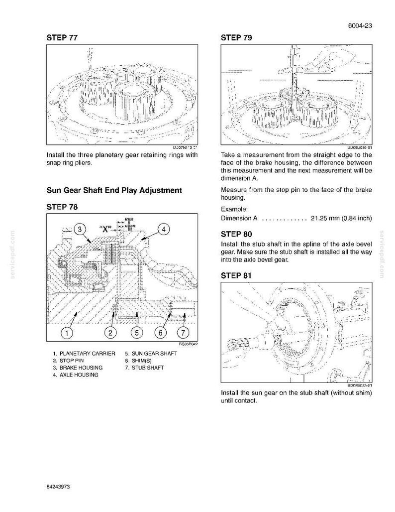 May include: Diagram of mechanical components with labels and instructions for assembly. Includes steps for installing planetary gear retaining rings, measuring dimensions, and installing the stub shaft and sun gear. Text includes "Sun Gear Shaft End Play Adjustment."
