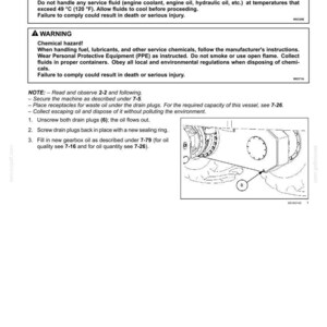May include: A maintenance manual page detailing how to change the tandem box swing unit oil. The page includes warnings about burn and chemical hazards, and instructions for the process, including illustrations and safety precautions.