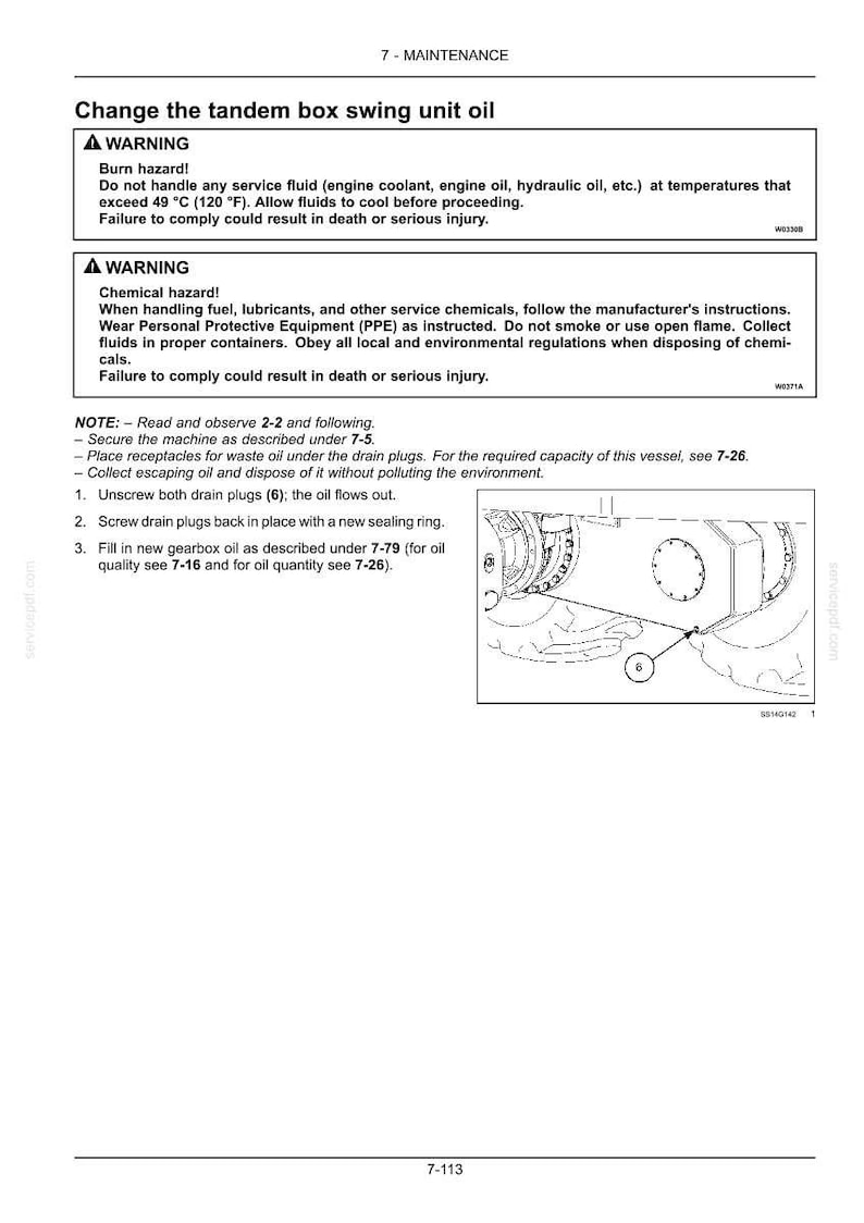 May include: A maintenance manual page detailing how to change the tandem box swing unit oil. The page includes warnings about burn and chemical hazards, and instructions for the process, including illustrations and safety precautions.