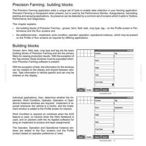 May include: A technical document page titled 3-SETUP PRECISION FARMING: BUILDING BLOCKS. It contains text explaining farming software data collection and two diagrams showing interface screens with fields for Grower, Farm, Field, Task, and Crop Type.
