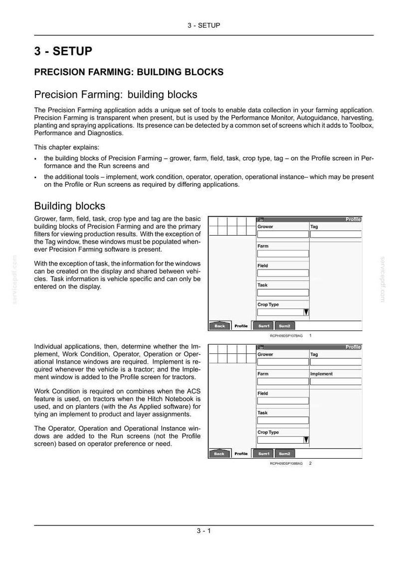 May include: A technical document page titled 3-SETUP PRECISION FARMING: BUILDING BLOCKS. It contains text explaining farming software data collection and two diagrams showing interface screens with fields for Grower, Farm, Field, Task, and Crop Type.