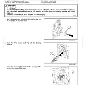 May include: Diagram of a one-speed rear Power Take-Off (PTO) assembly, including instructions for installing a seal ring, PTO output shaft, and snap ring. The image includes warnings about injury and the use of personal protective equipment.