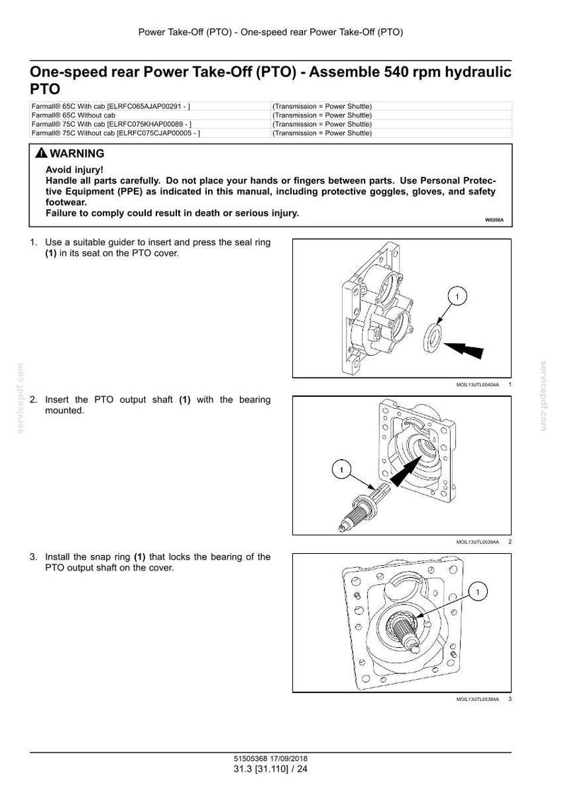 May include: Diagram of a one-speed rear Power Take-Off (PTO) assembly, including instructions for installing a seal ring, PTO output shaft, and snap ring. The image includes warnings about injury and the use of personal protective equipment.