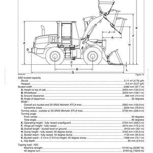 May include: Diagram of a 721E XR loader with specifications. Includes dimensions such as bucket width (97.7 in), wheelbase (128.1 in), and overall length (321 in). Features a detailed side view with labeled parts and measurements.