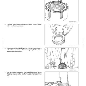 May include: Diagram of Powershift transmission internal components. Step-by-step instructions with illustrations for removing and installing parts, including a snap ring, friction plates, and belleville springs. Includes text and tool references.