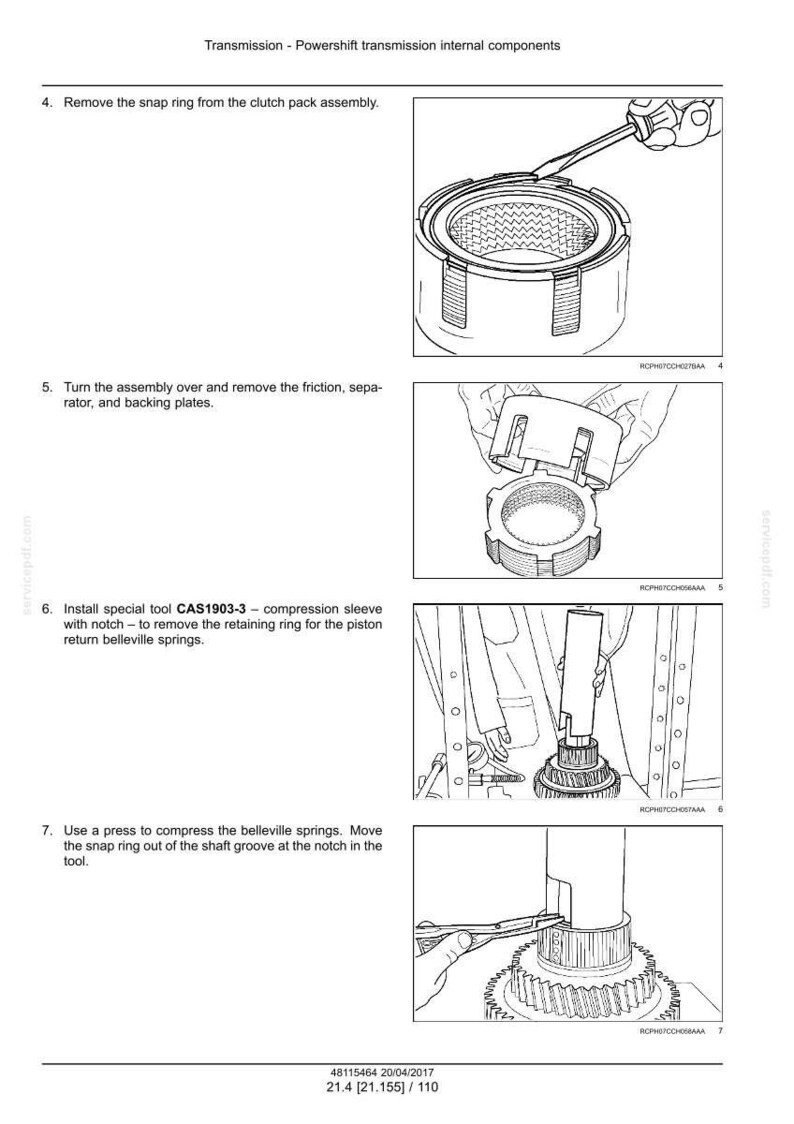 May include: Diagram of Powershift transmission internal components. Step-by-step instructions with illustrations for removing and installing parts, including a snap ring, friction plates, and belleville springs. Includes text and tool references.