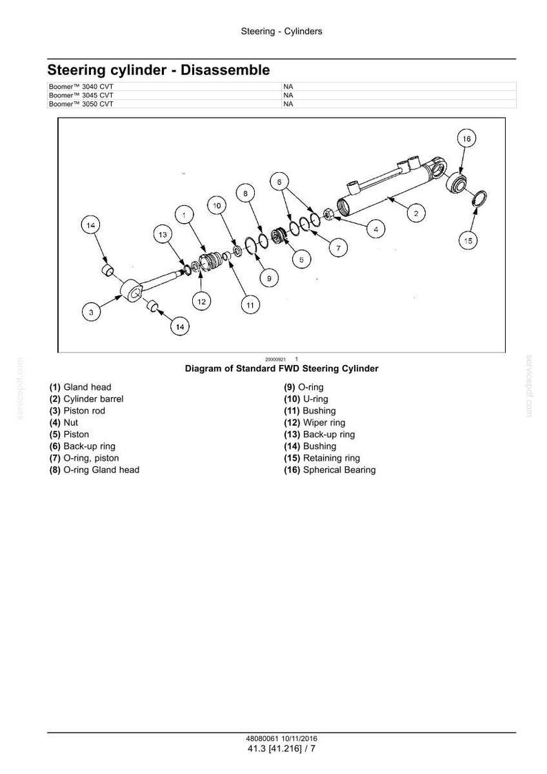 May include: Diagram of a standard FWD steering cylinder, disassembled. The image shows various components labeled with numbers, including the gland head, cylinder barrel, piston rod, nut, piston, and various rings and bushings. Text at the top reads "Steering cylinder - Disassemble."