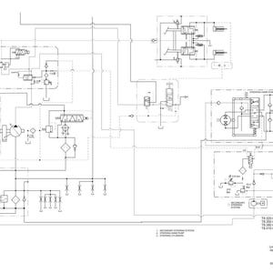 May include: A detailed engineering schematic diagram in black and white, featuring complex lines, symbols, and text. The diagram illustrates a hydraulic system, with labels and annotations. The image includes a legend and various components.