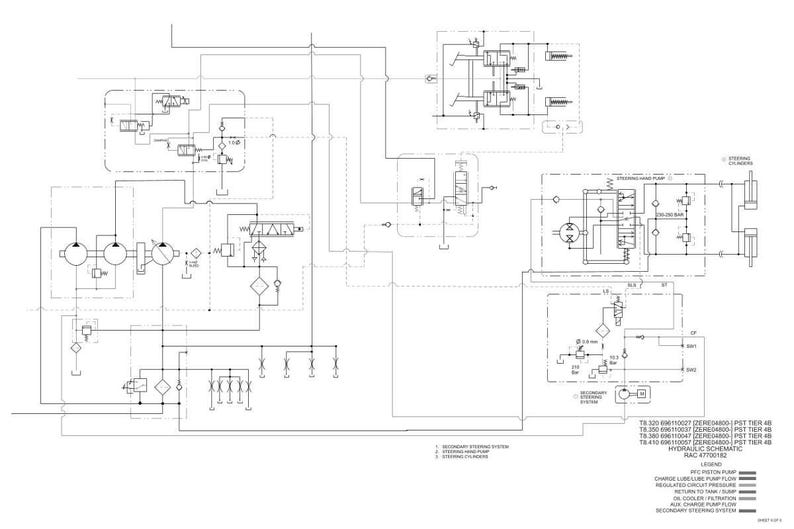 May include: A detailed engineering schematic diagram in black and white, featuring complex lines, symbols, and text. The diagram illustrates a hydraulic system, with labels and annotations. The image includes a legend and various components.
