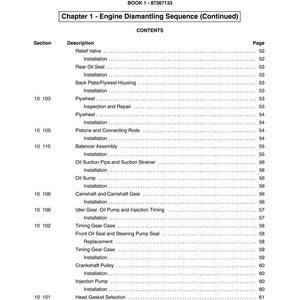 May include: A page from a manual titled "SECTION 10 - ENGINE" with a table of contents. The table lists engine components and their page numbers, including "Relief Valve," "Flywheel," and "Crankshaft Pulley." The book's title is "Chapter 1 - Engine Dismantling Sequence (Continued)."