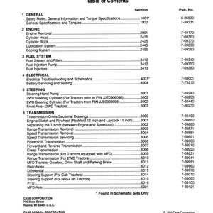 May include: A service manual for 3200 and 4200 series tractors. The table of contents lists sections on the engine, fuel system, electrical, steering, and transmission. Published by Case Corporation in 1999.