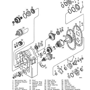 Pode incluir: Um diagrama explodido de um conjunto de caixa de transmiss&atilde;o, mostrando v&aacute;rios componentes mec&acirc;nicos. A imagem inclui porcas autoblocantes, arruelas, engrenagens, rolamentos e uma caixa de transmiss&atilde;o. O texto "Transmission Housing Assembly" est&aacute; na parte inferior.
