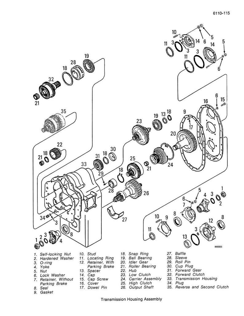 Pode incluir: Um diagrama explodido de um conjunto de caixa de transmiss&atilde;o, mostrando v&aacute;rios componentes mec&acirc;nicos. A imagem inclui porcas autoblocantes, arruelas, engrenagens, rolamentos e uma caixa de transmiss&atilde;o. O texto "Transmission Housing Assembly" est&aacute; na parte inferior.