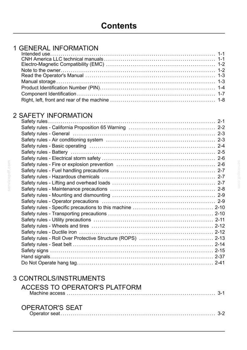 May include: A white document page with the title "Contents" at the top. The document is a table of contents for a manual, listing various sections such as "General Information" and "Safety Information."