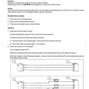 May include: A technical diagram with the title "1026-Hand Throttle Signal Out Of Range - Short to Power." The document includes troubleshooting steps, a list of possible failure modes, and wiring diagrams with labels and numbers for electrical systems.