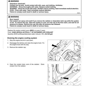 May include: A page from a maintenance manual detailing engine coolant procedures. The text includes warnings about hazardous chemicals and burn hazards. Diagrams show the radiator and coolant drain cock. The fluid quantity is 31 L (8.2 US gal).