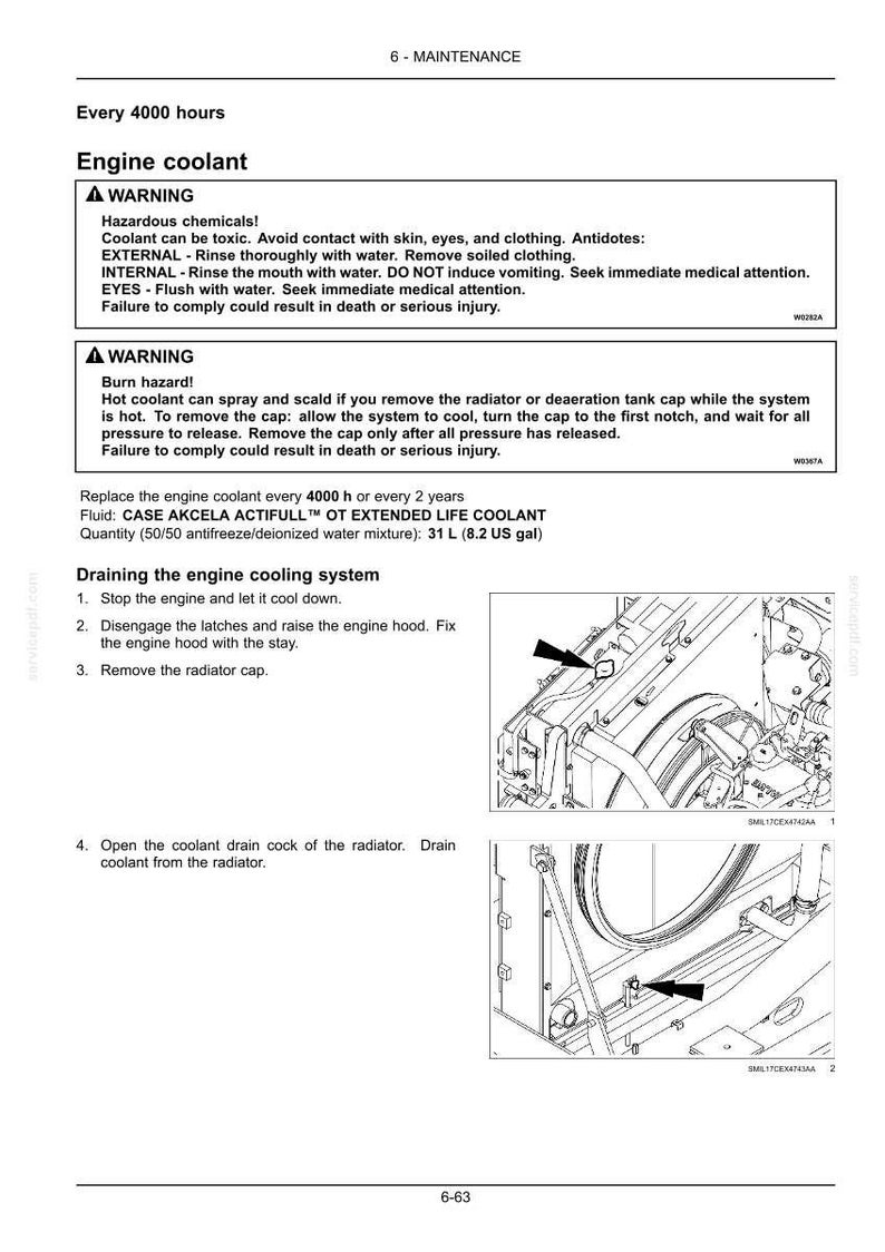 May include: A page from a maintenance manual detailing engine coolant procedures. The text includes warnings about hazardous chemicals and burn hazards. Diagrams show the radiator and coolant drain cock. The fluid quantity is 31 L (8.2 US gal).