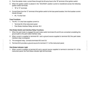 May include: A technical document page titled Section 55 Electrical Chapter 6, detailing the Park Brake Indicator Light Circuit. It outlines current flow from the battery, ignition switch terminals, fuse functions, relay operations, and indicator light activation.