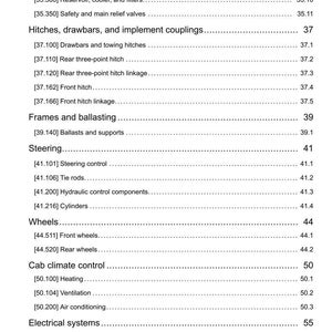 Puede incluir: Una p&aacute;gina de manual que enumera componentes de una m&aacute;quina. Secciones: enganches, direcci&oacute;n, ruedas y control clim&aacute;tico de la cabina. Texto negro sobre fondo blanco, n&uacute;meros de p&aacute;gina a la derecha.