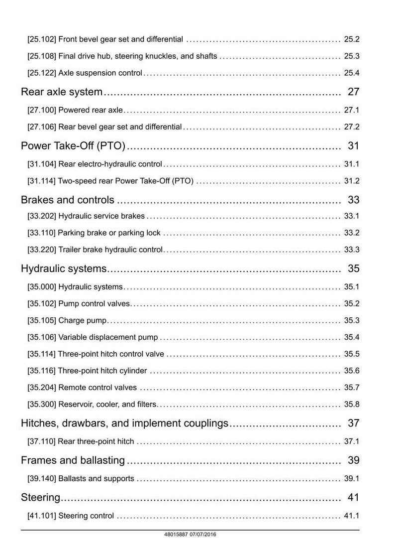 May include: A detailed technical manual page with a list of tractor parts and systems, including the rear axle, power take-off, brakes, hydraulic systems, and steering. The page is white with black text and includes section numbers and sub-sections.
