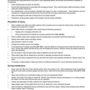 Pu&ograve; includere: Documento bianco con testo nero che dettaglia le regole e le precauzioni di sicurezza. Il testo tratta le precauzioni di sicurezza standard, la prevenzione degli infortuni e le procedure di manutenzione. Sono inclusi data e numero di pagina.