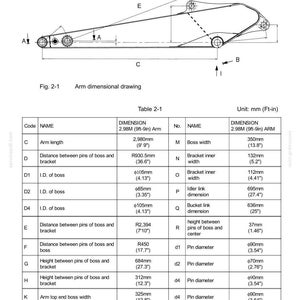 May include: A technical black and white line drawing labeled 2.1 ARM DIMENSIONAL DRAWING showing an excavator arm profile. A corresponding Table 2-1 lists specific component measurements in millimeters and feet-inches for the 2.98M arm.