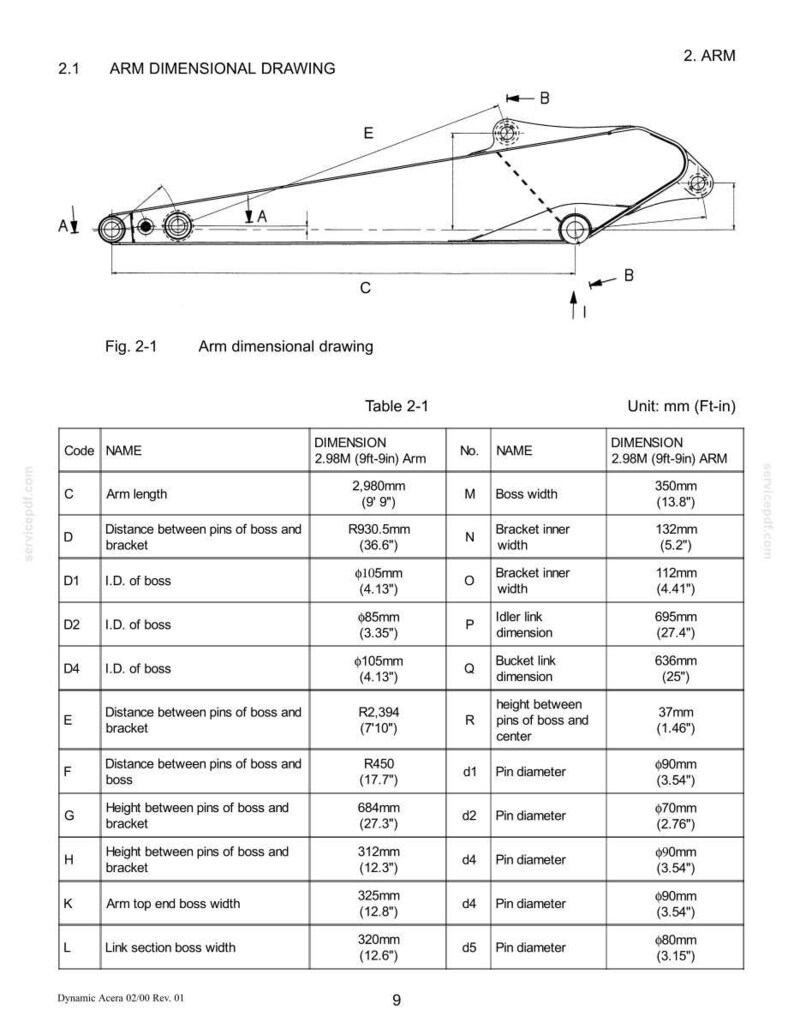 May include: A technical black and white line drawing labeled 2.1 ARM DIMENSIONAL DRAWING showing an excavator arm profile. A corresponding Table 2-1 lists specific component measurements in millimeters and feet-inches for the 2.98M arm.