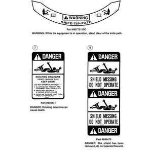 May include: A technical document page titled SECTION 90 - SAFETY DECALS featuring three black and white safety labels. Label 6 warns of a knife-tip-path. Label 7 warns of a rotating driveline. Label 8 warns of a missing shield and danger.
