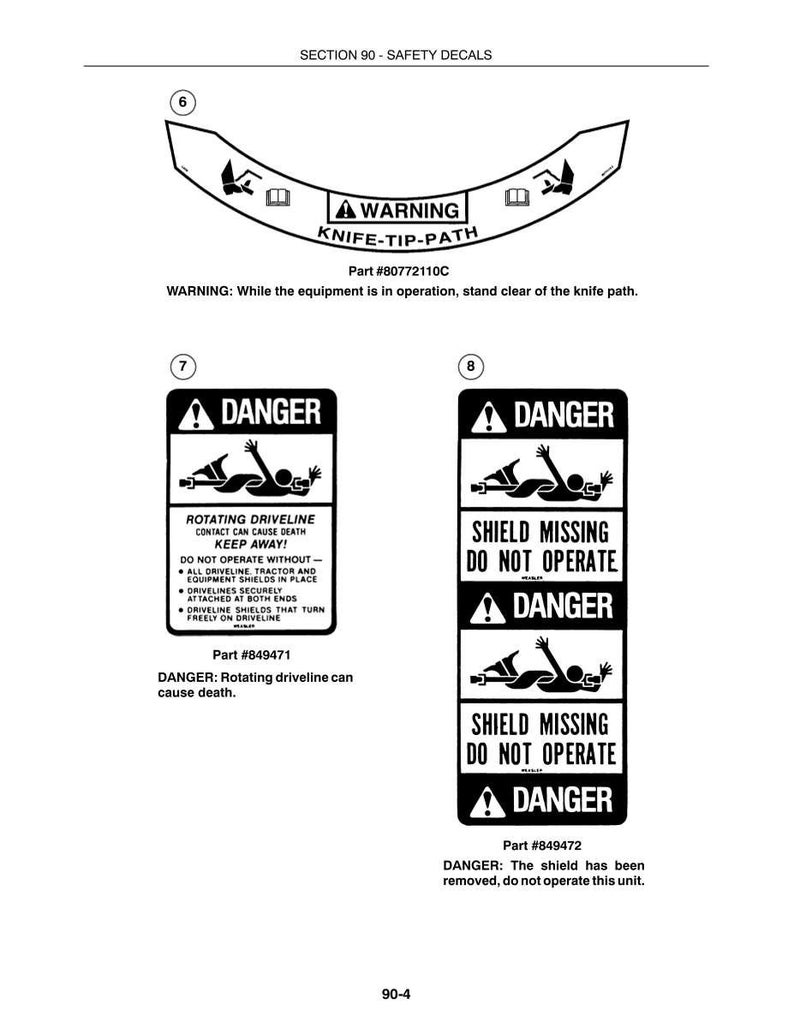 May include: A technical document page titled SECTION 90 - SAFETY DECALS featuring three black and white safety labels. Label 6 warns of a knife-tip-path. Label 7 warns of a rotating driveline. Label 8 warns of a missing shield and danger.