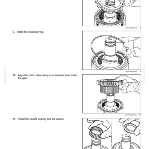 May include: Diagrams illustrating the assembly of a Powershift transmission. The images show the installation of the thrust plate, retaining ring, gear, needle bearing, and spacer. Text includes instructions and part numbers.