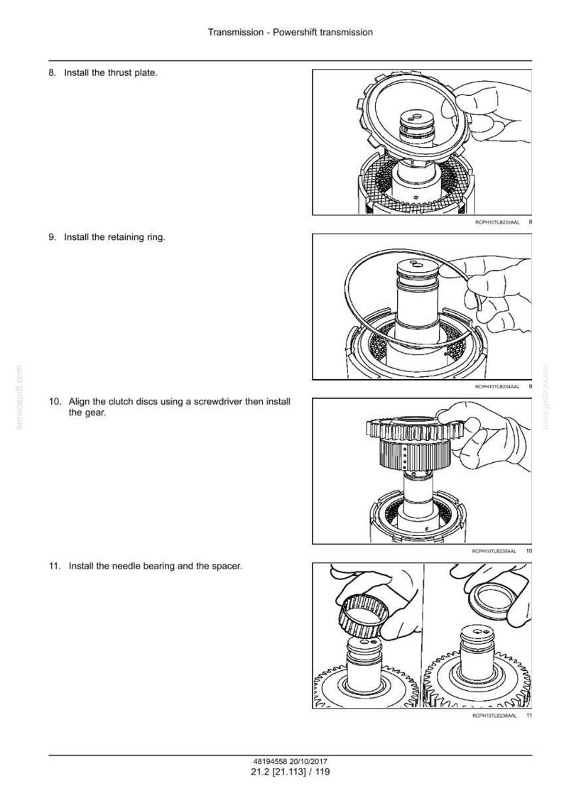 May include: Diagrams illustrating the assembly of a Powershift transmission. The images show the installation of the thrust plate, retaining ring, gear, needle bearing, and spacer. Text includes instructions and part numbers.