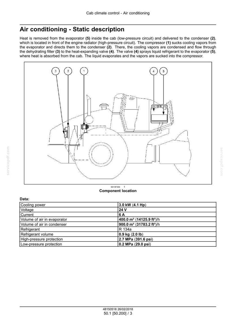 May include: Diagram of an air conditioning system for a cab, with numbered components and a data table. The diagram shows the evaporator, condenser, compressor, and other parts. The data table includes cooling power, voltage, current, and refrigerant volume.