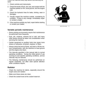 Może przedstawiać: Strona z instrukcji obsługi z kontrolami bezpieczeństwa i instrukcjami zmiennej konserwacji okresowej. Ilustracja przedstawia osobę w kasku robiącą notatki. Tekst zawiera instrukcje dotyczące sprawdzania płyn&oacute;w i chłodnicy.
