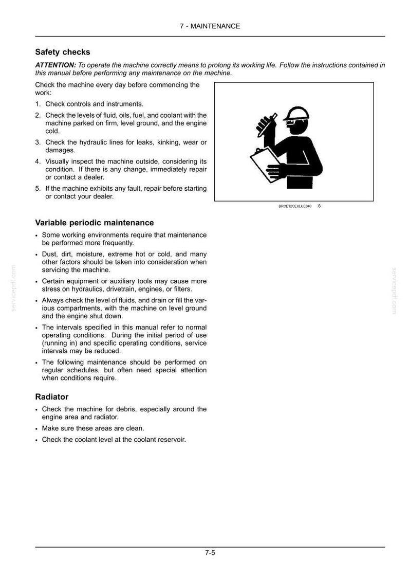 Może przedstawiać: Strona z instrukcji obsługi z kontrolami bezpieczeństwa i instrukcjami zmiennej konserwacji okresowej. Ilustracja przedstawia osobę w kasku robiącą notatki. Tekst zawiera instrukcje dotyczące sprawdzania płyn&oacute;w i chłodnicy.