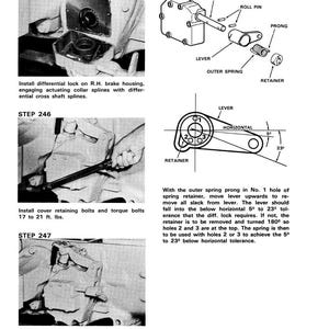 May include: Technical diagram with labeled parts for a mechanical assembly. Includes illustrations of a shaft, lever, spring, and retainer, with measurements in feet and pounds. Instructions detail installation steps for a differential lock.